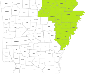 Arkansas state map with counties served by Jonesboro office highlighted