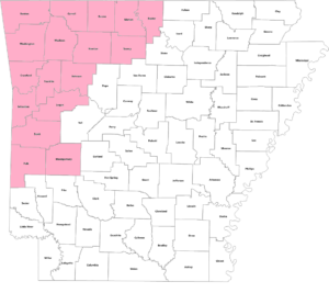 Arkansas state map with counties served by Fayetteville office highlighted