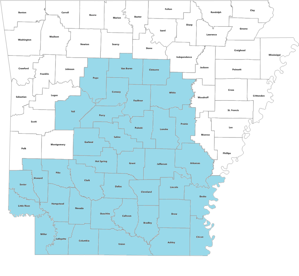 Arkansas state map with counties served by Little Rock office highlighted